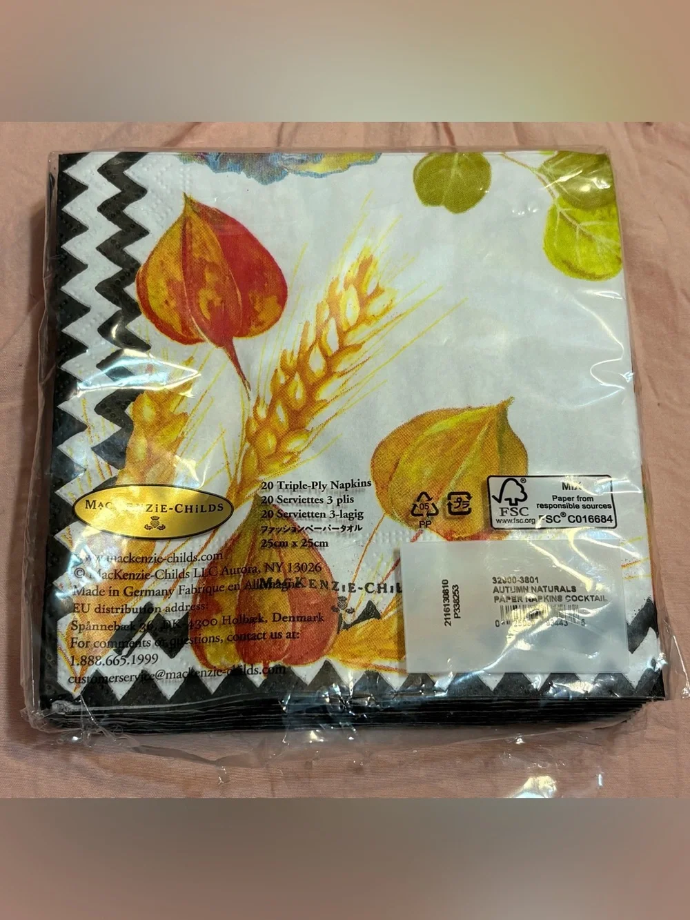 Mackenzie-Childs Black & White Striped Pumpkin Napkins with Floral Accent 18 CT
